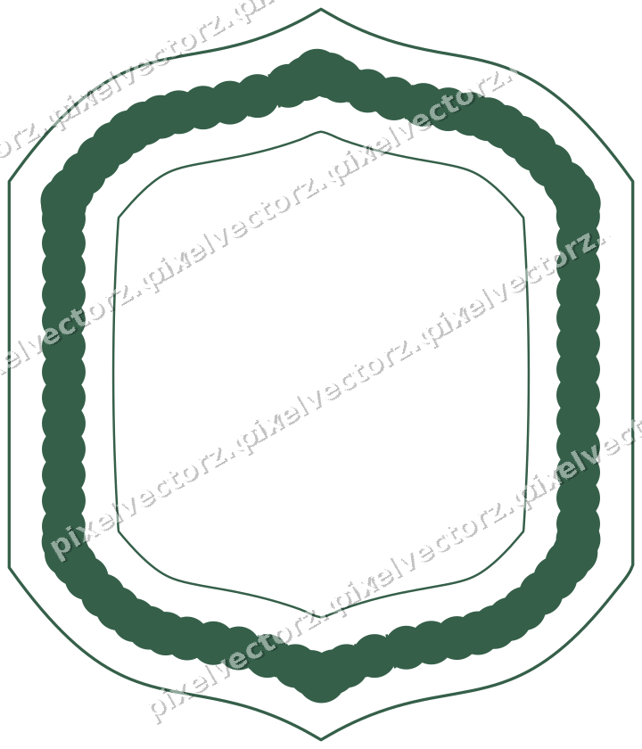 Decorative line art frame in dark green and orange with label plaque