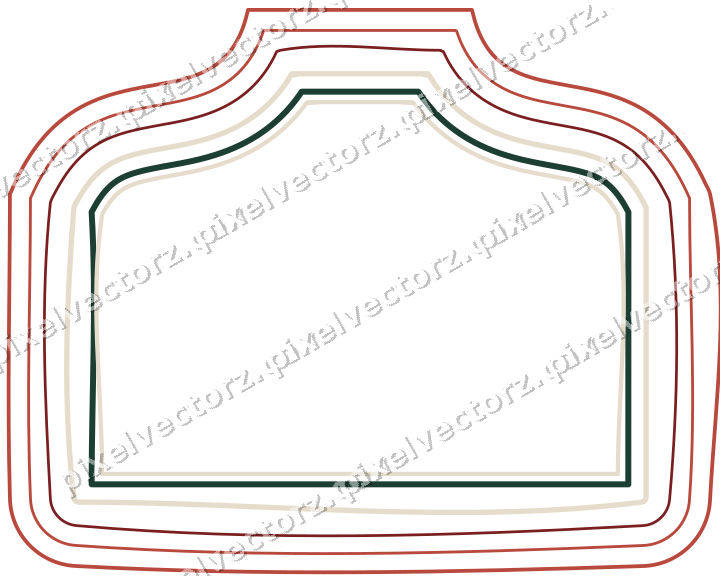 Decorative line art frame in dark red and dark green with label plaque