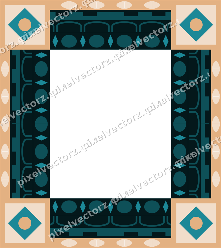 Decorative picture frame border in dark teal and orange with step band