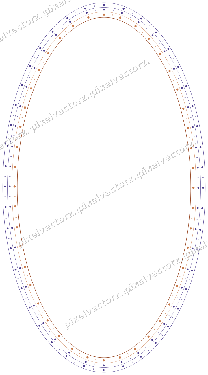 Decorative line art frame in orange and blue with oval and beaded line