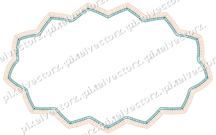 Decorative line art frame in orange and teal with oval and zigzag edge