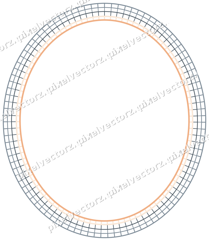 Decorative line art frame in blue and orange with oval and hatching