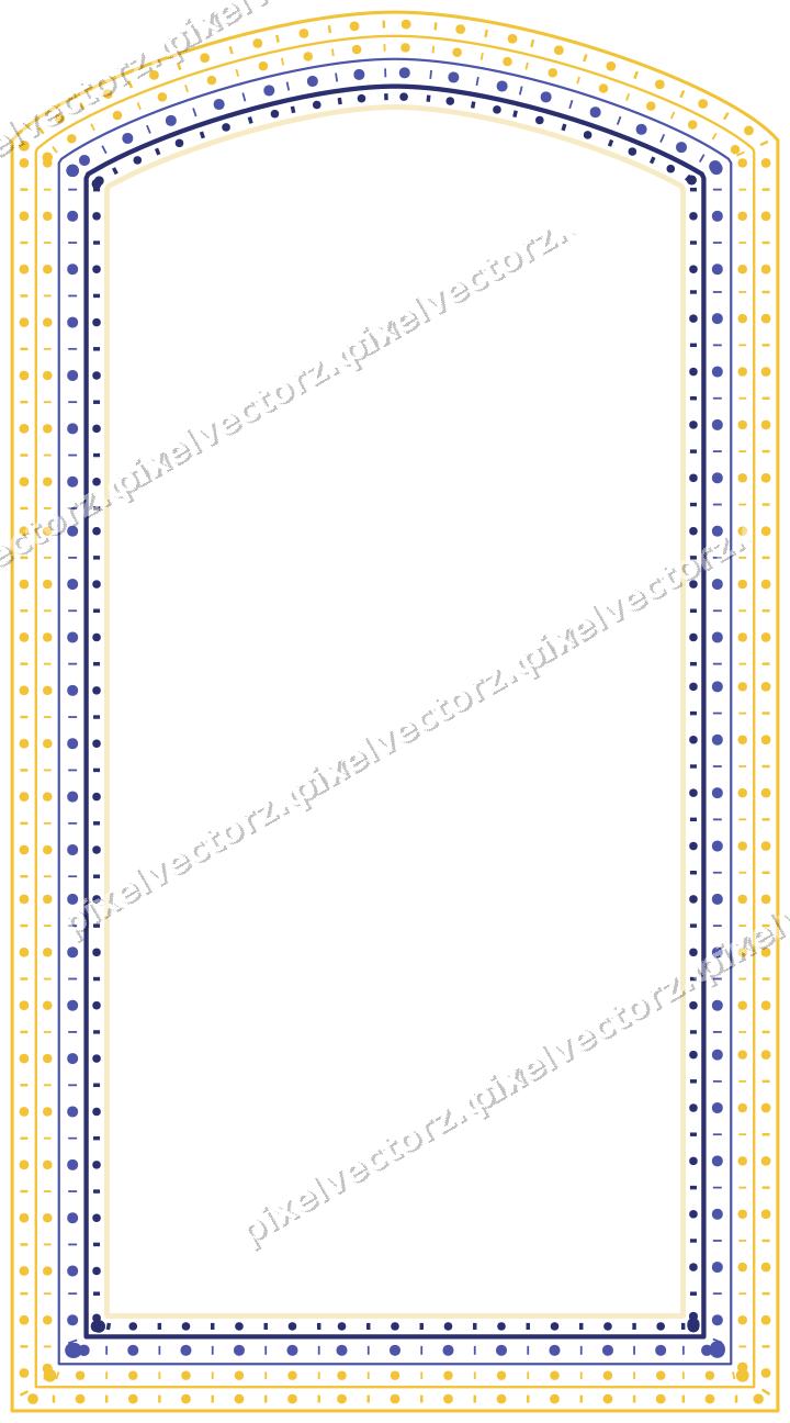 Decorative line art frame in dark blue and amber with label plaque
