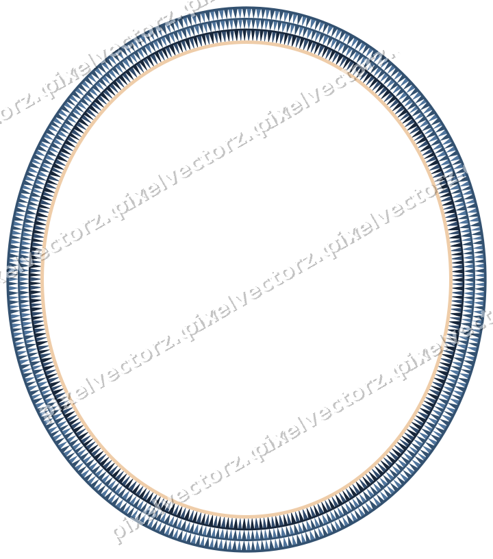 Decorative line art frame in dark blue and orange with oval and dentil