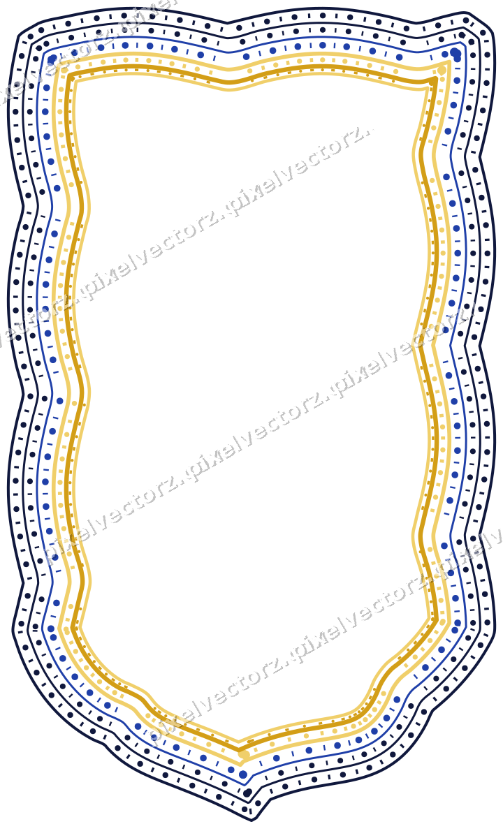 Decorative line art frame in amber and blue with label plaque