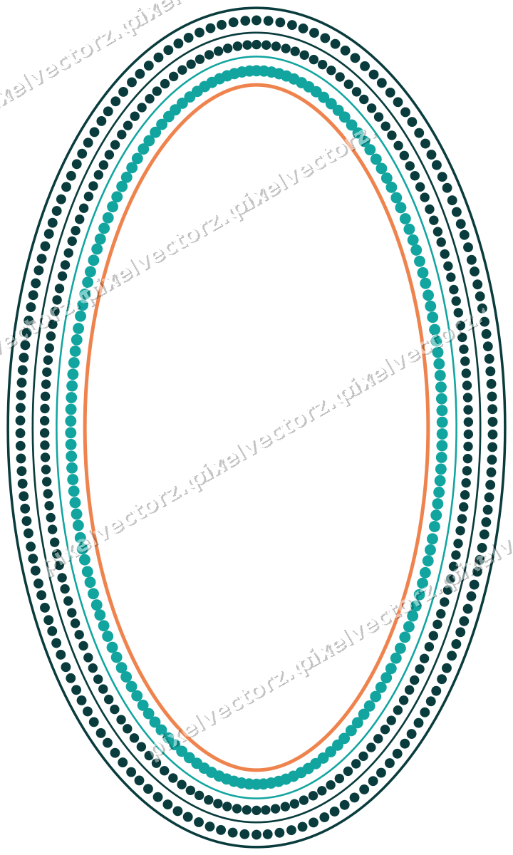 Decorative line art frame in orange and teal with oval and dotted line