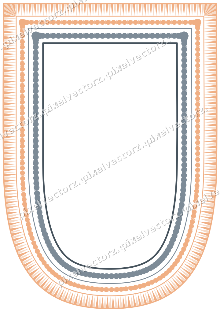 Decorative line art frame in blue and orange with shield and dentil