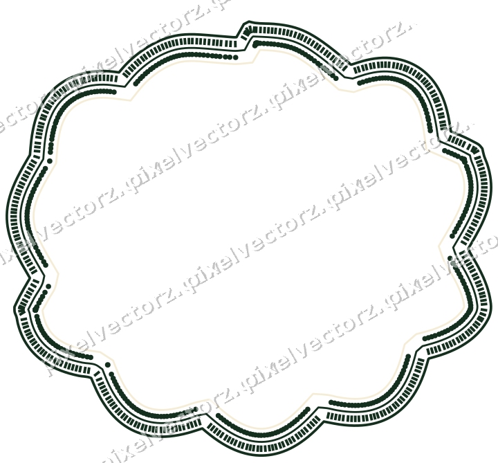 Decorative line art frame in dark green and amber with label plaque