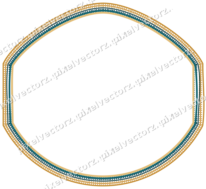 Decorative line art frame in amber and dark teal with label plaque
