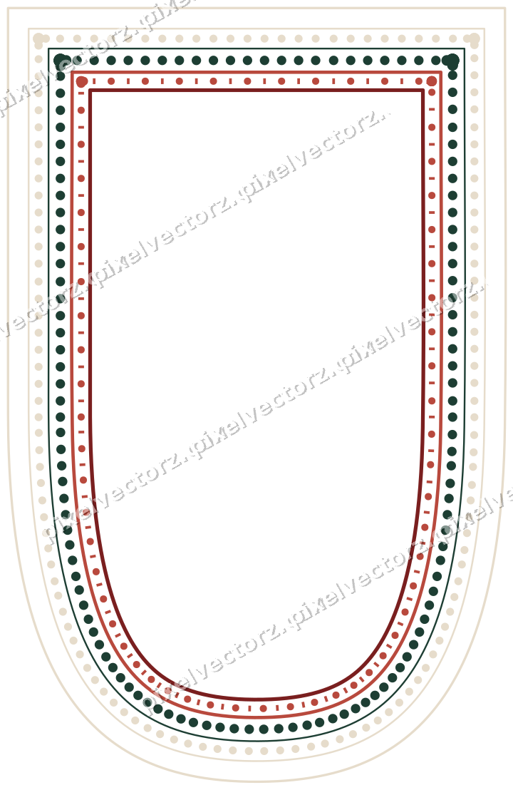 Decorative line art frame in dark red and dark green with shield