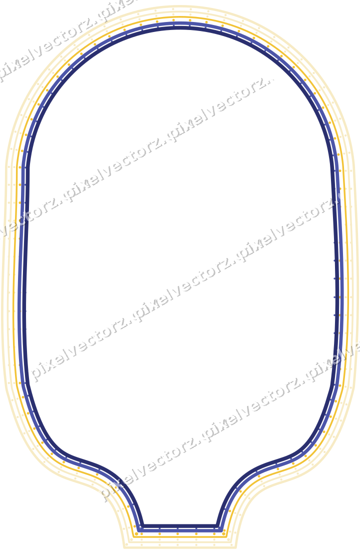 Decorative line art frame in dark blue and amber with label plaque