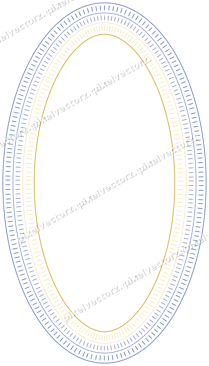 Decorative line art frame in amber and blue with oval and dashed line