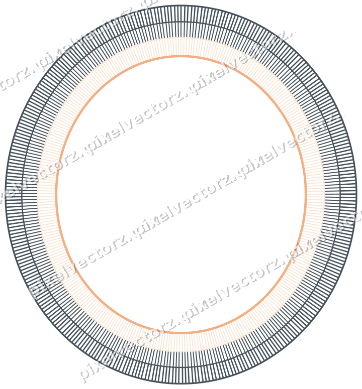 Decorative line art frame in blue and orange with oval and hatching