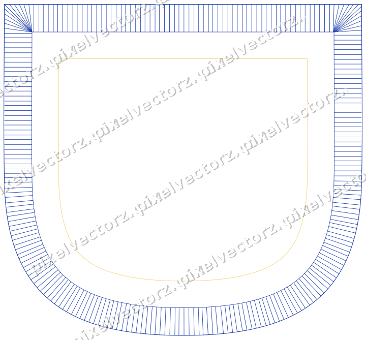 Decorative line art frame in amber and blue with shield and hatching
