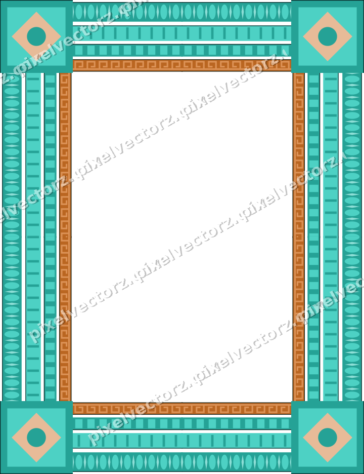 Decorative picture frame border in orange and teal with dentil