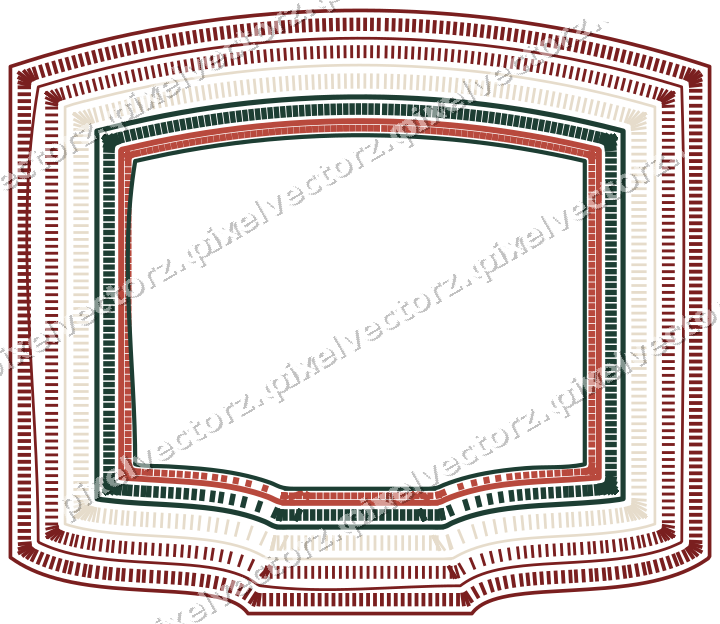 Decorative line art frame in dark red and dark green with label plaque
