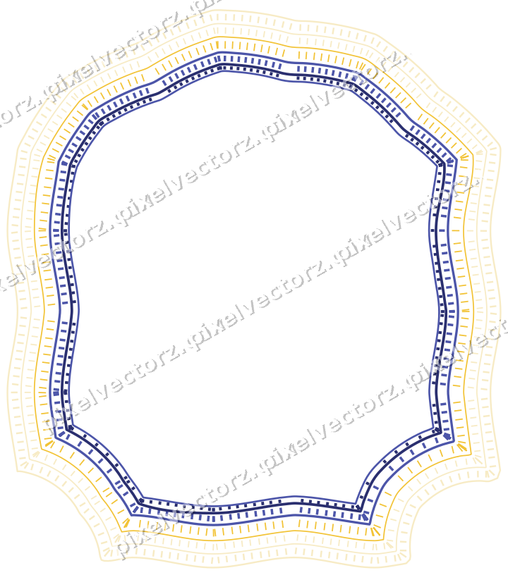 Decorative line art frame in dark blue and amber with label plaque