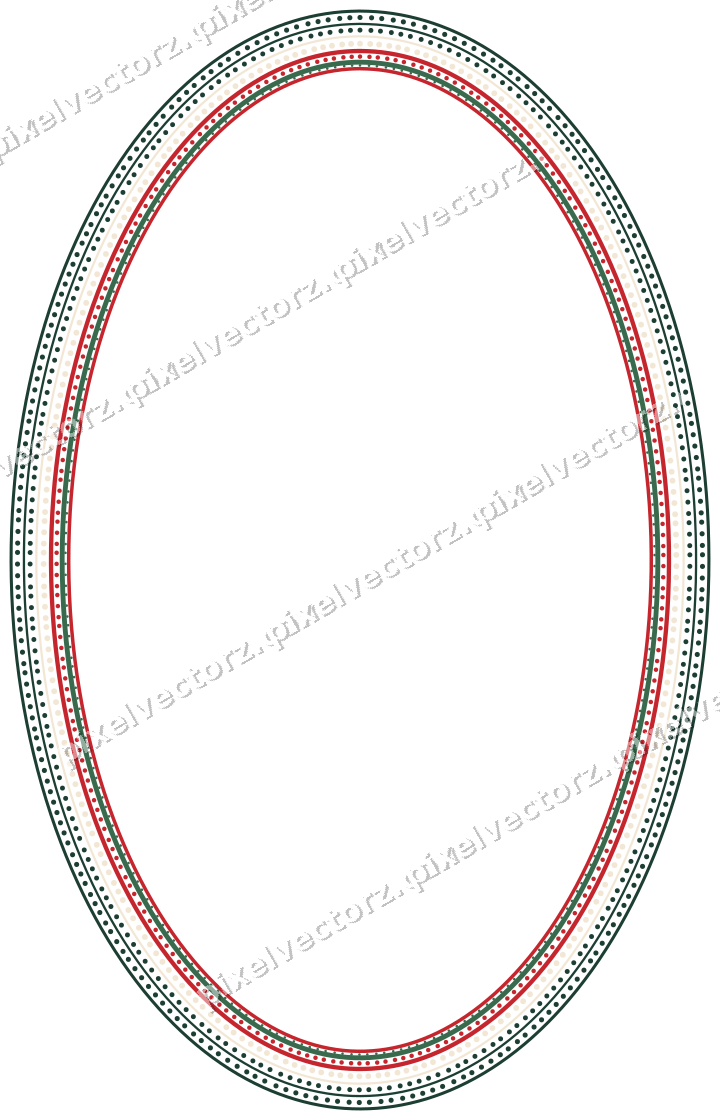 Decorative line art frame in dark green and red with oval