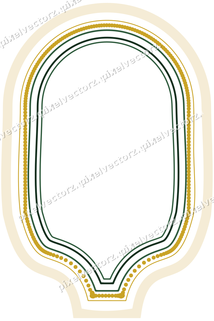 Decorative line art frame in dark green and amber with label plaque