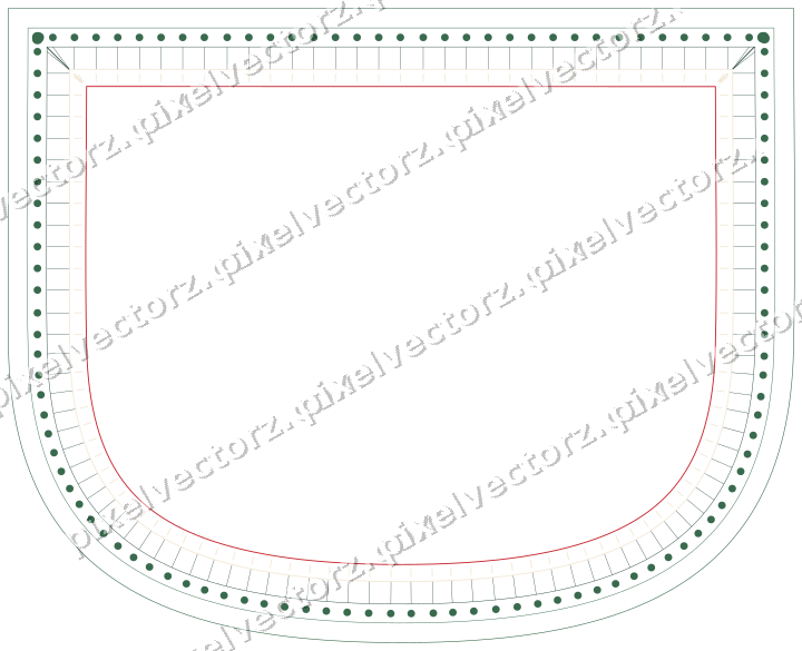 Decorative line art frame in dark green and red with shield