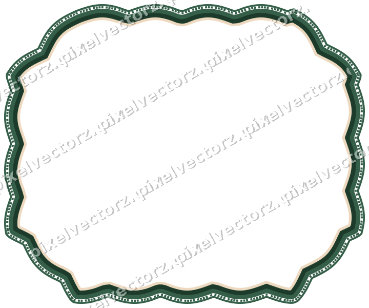 Decorative line art frame in dark green and orange with label plaque