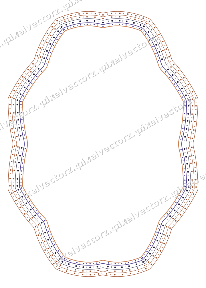 Decorative line art frame in orange and blue with oval and zigzag edge