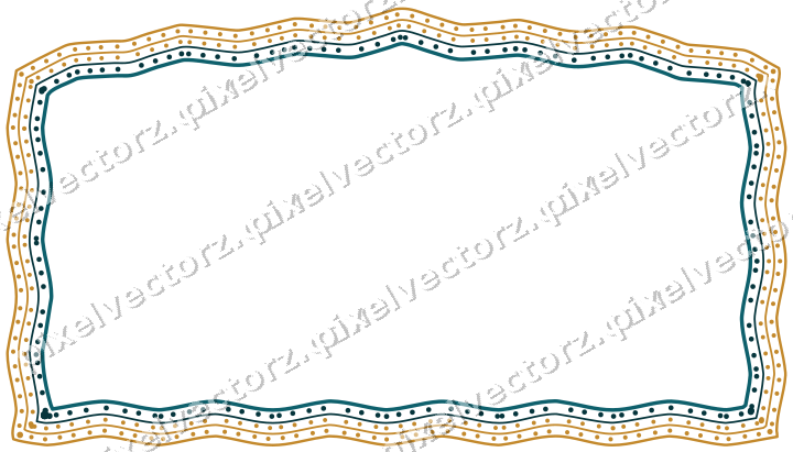 Decorative line art frame in amber and dark teal with label plaque