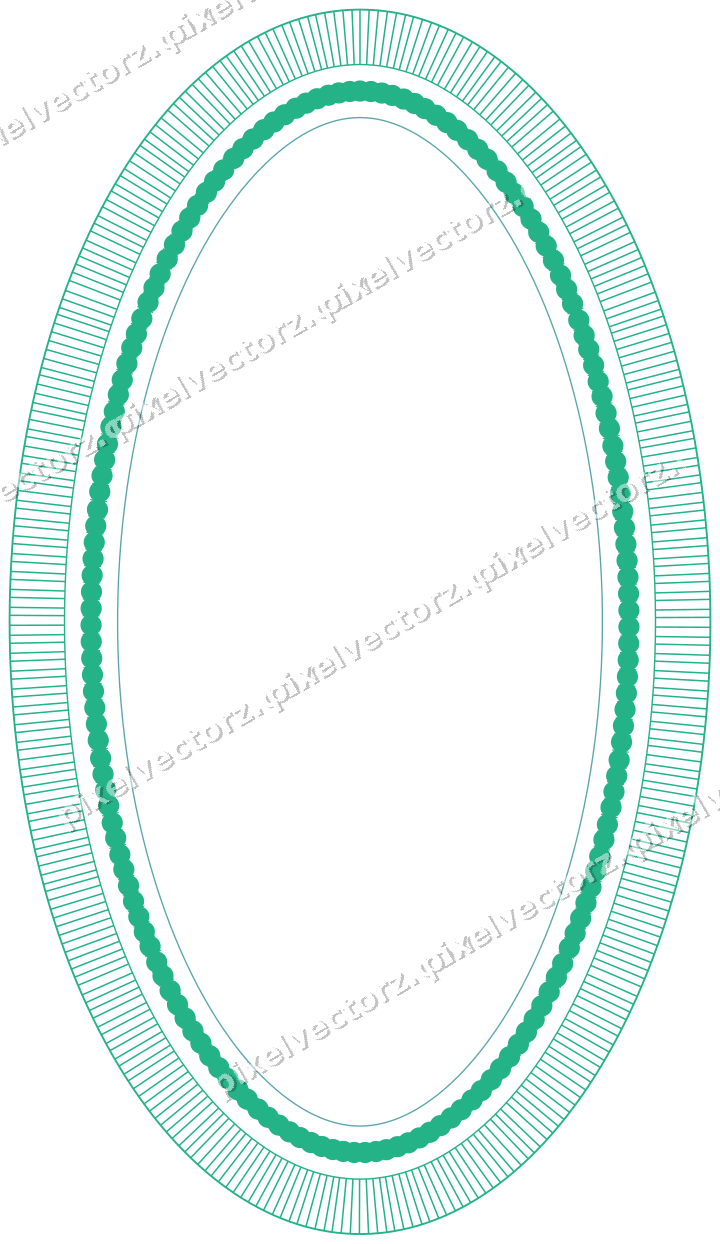 Decorative line art frame in green and teal with oval and hatching