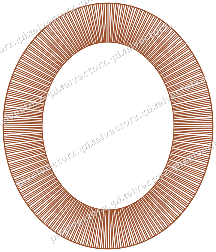 Decorative line art frame in orange and blue with oval and hatching