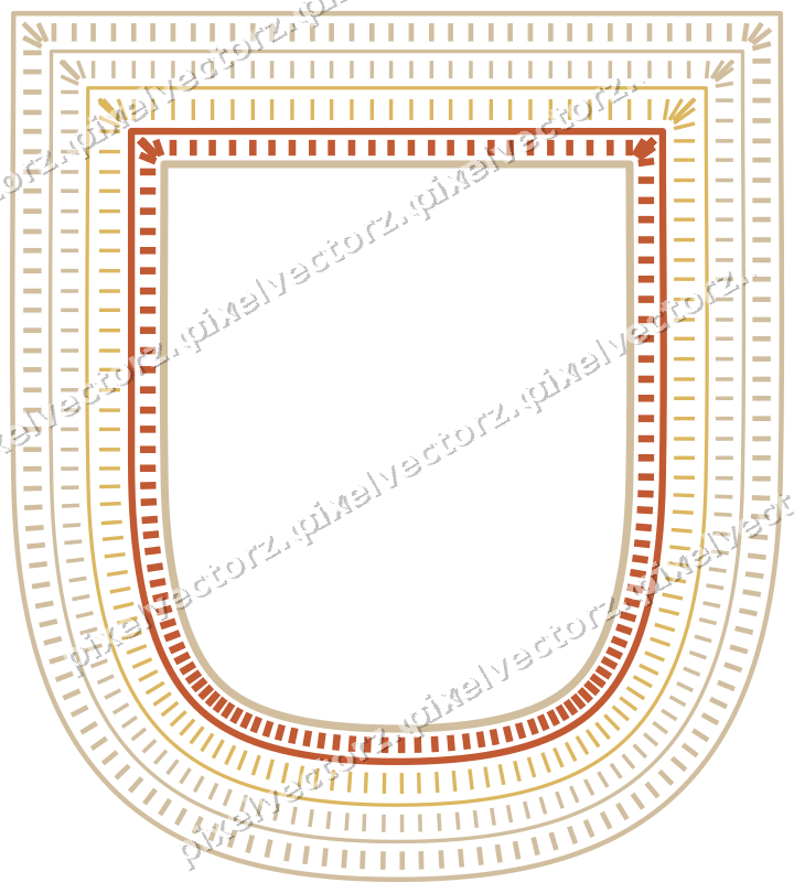 Decorative line art frame in orange and amber with shield