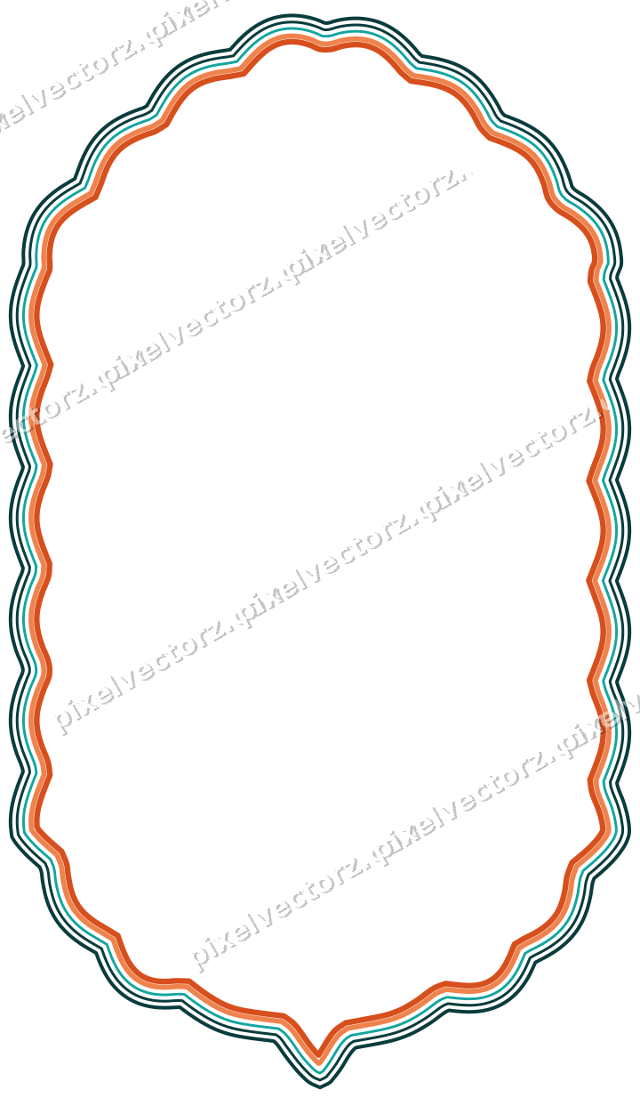 Decorative line art frame in orange and teal with label plaque