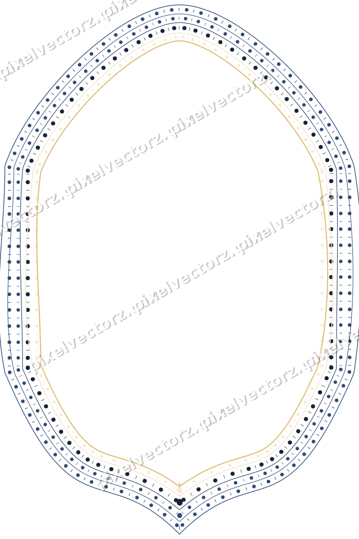 Decorative line art frame in dark blue and amber with label plaque