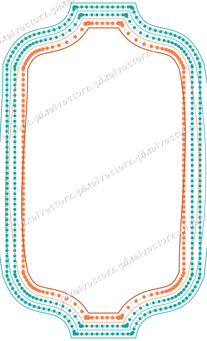 Decorative line art frame in orange and teal with label plaque