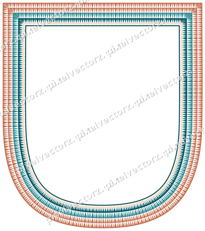 Decorative line art frame in dark teal and orange with shield