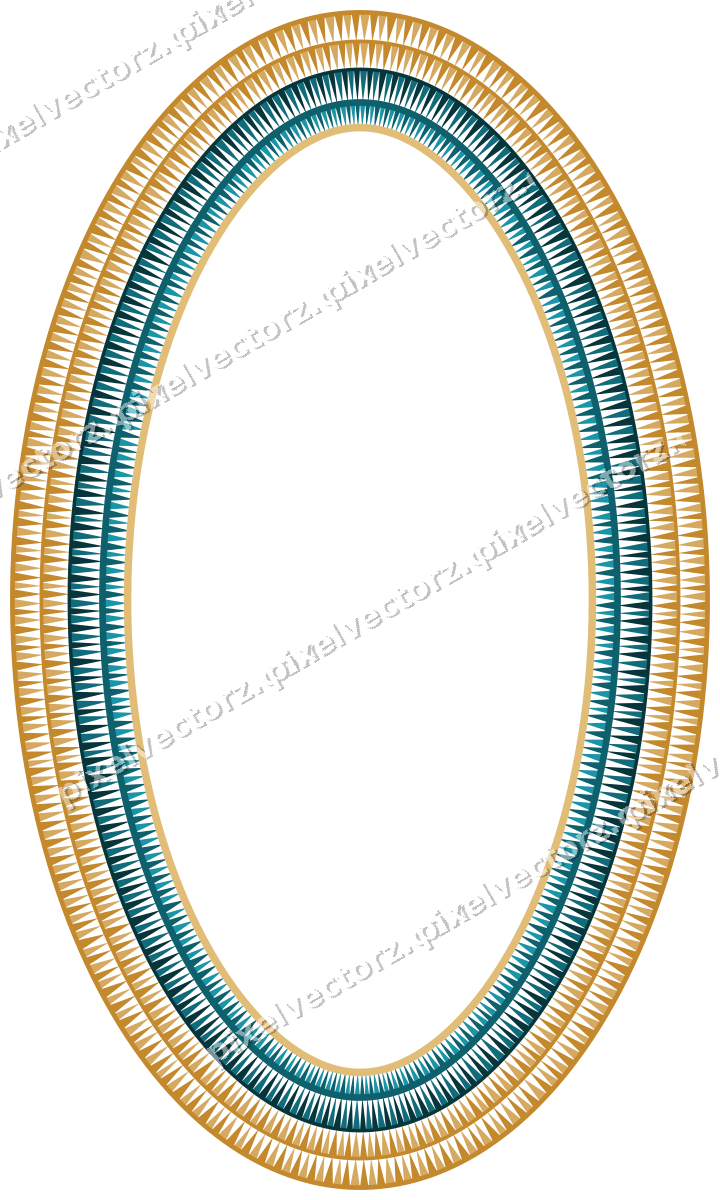 Decorative line art frame in amber and dark teal with oval and dentil