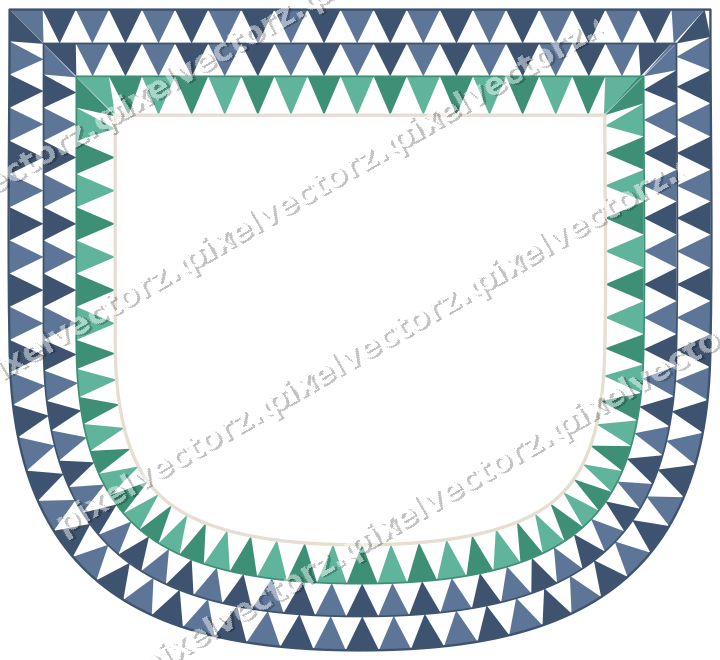 Decorative line art frame in amber and green with shield and dentil