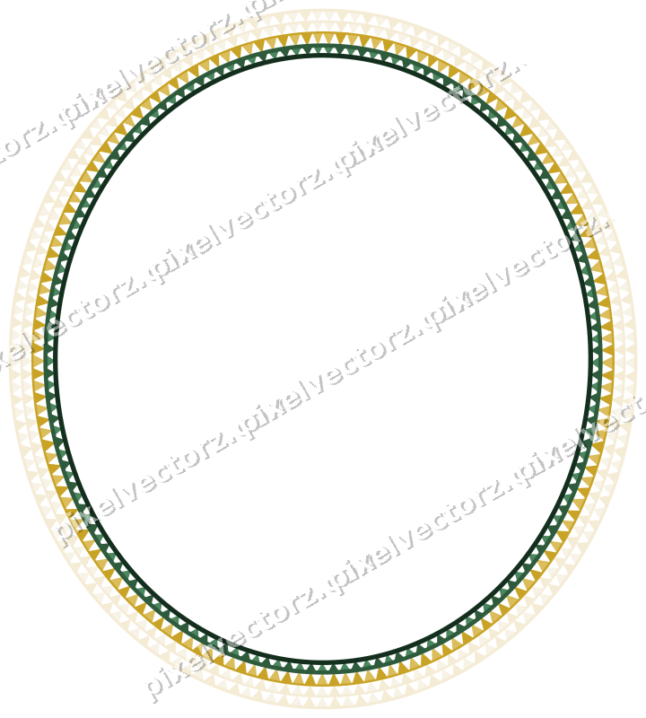Decorative line art frame in dark green and amber with oval and dentil