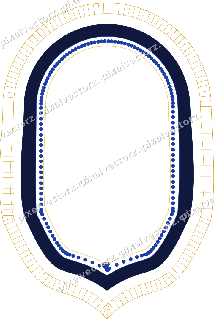 Decorative line art frame in amber and blue with label plaque