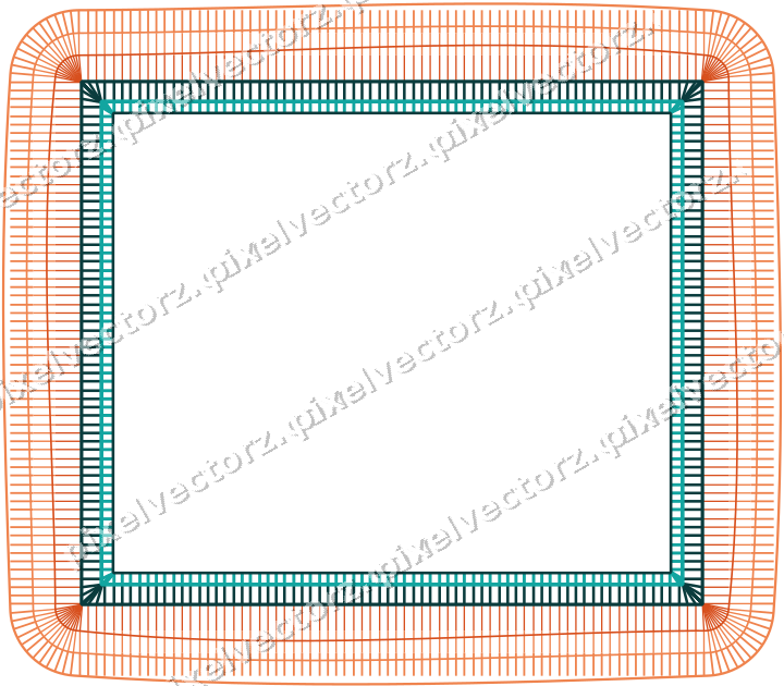 Decorative line art frame in orange and teal with label plaque
