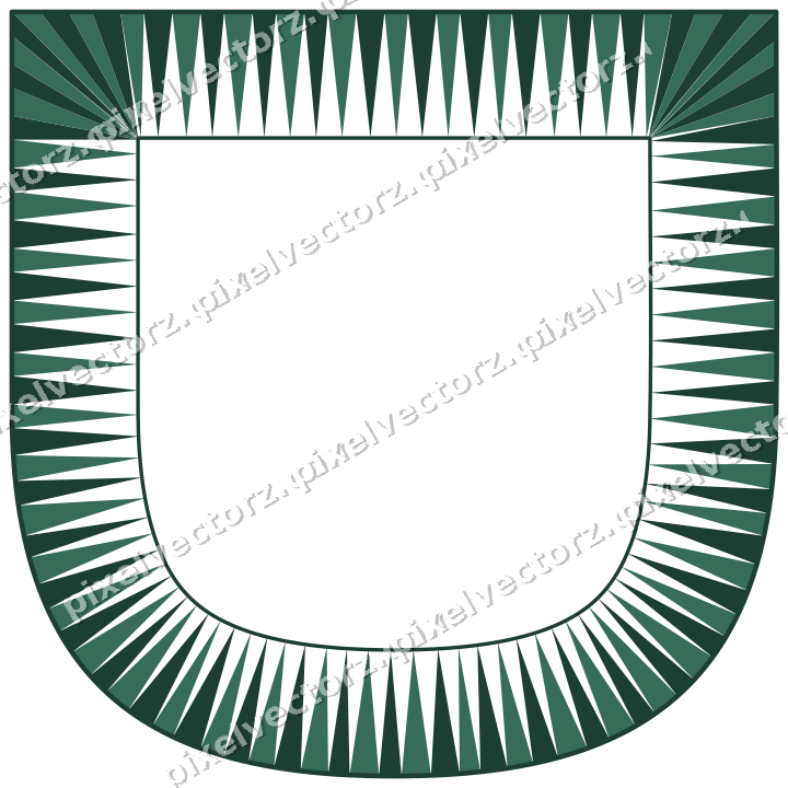 Decorative line art frame in dark green and red with shield and dentil