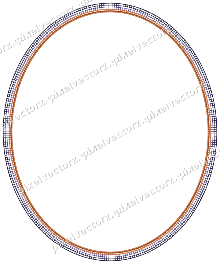 Decorative line art frame in orange and blue with oval and hatching