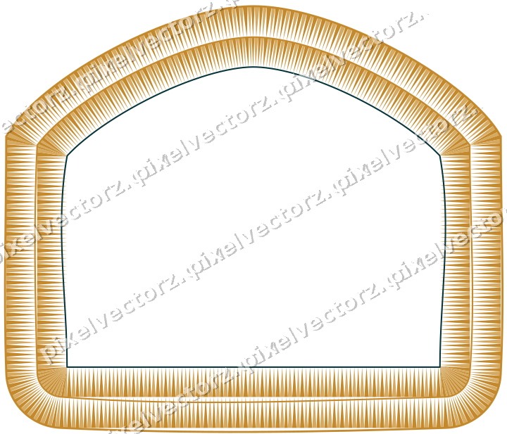 Decorative line art frame in amber and dark teal with label plaque