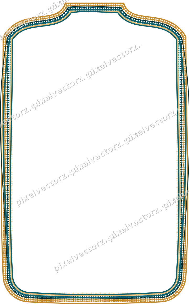 Decorative line art frame in amber and dark teal with label plaque