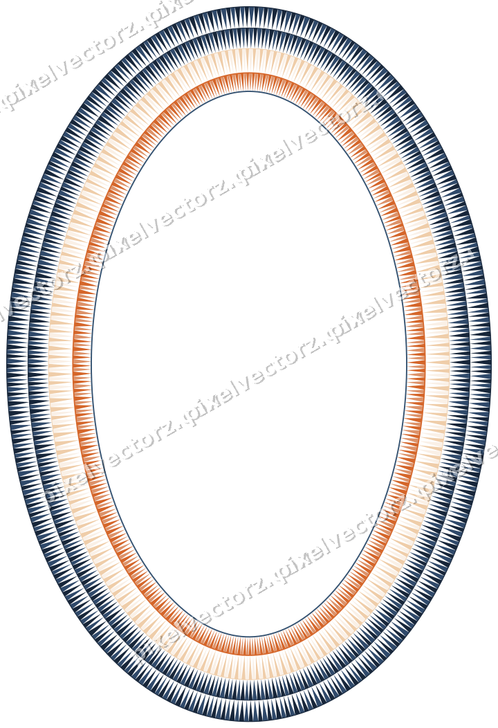Decorative line art frame in dark blue and orange with oval and dentil