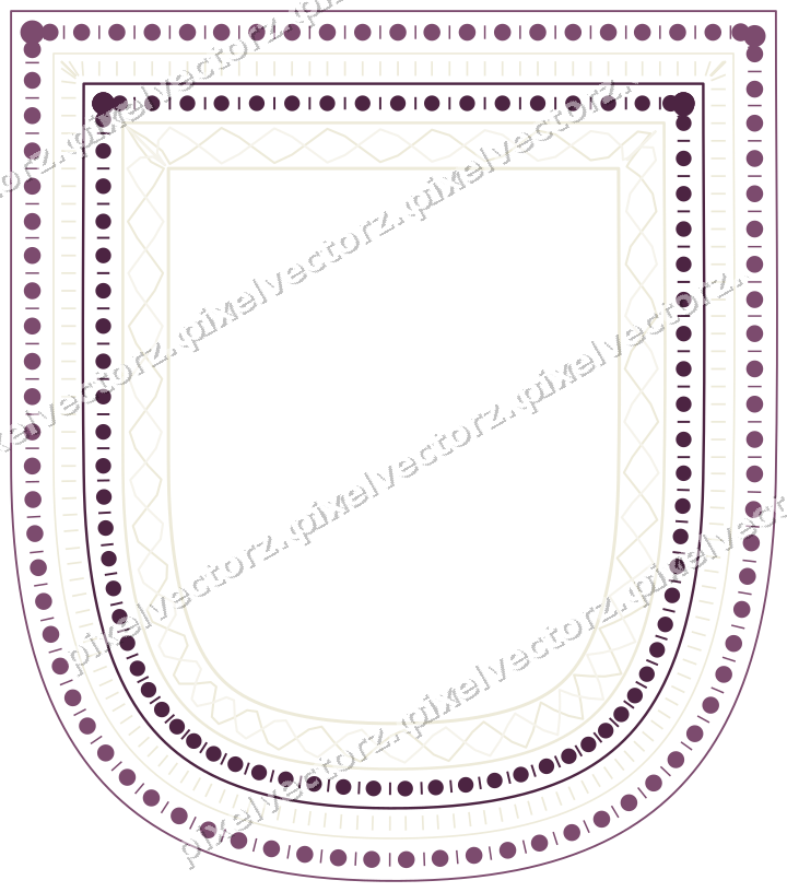 Decorative line art frame in dark magenta and lime with shield