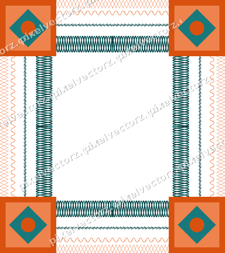 Decorative picture frame border in orange and teal with scrolling vine
