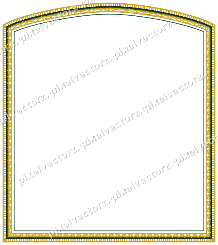 Decorative line art frame in dark green and amber with label plaque