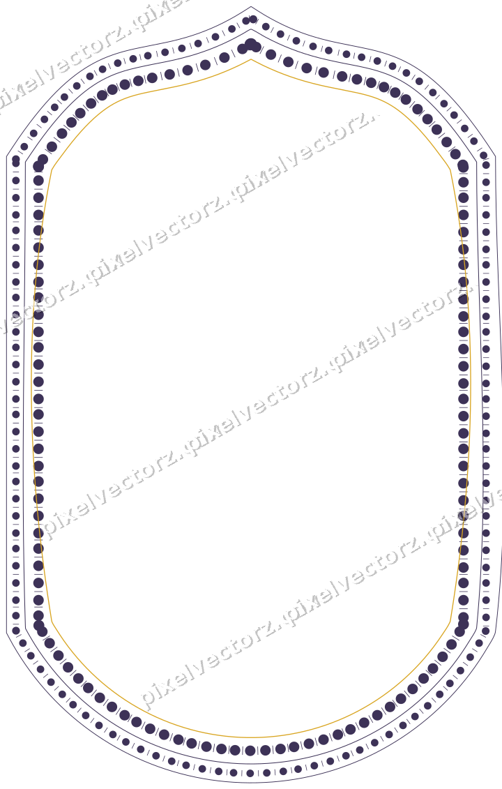 Decorative line art frame in amber and purple with label plaque