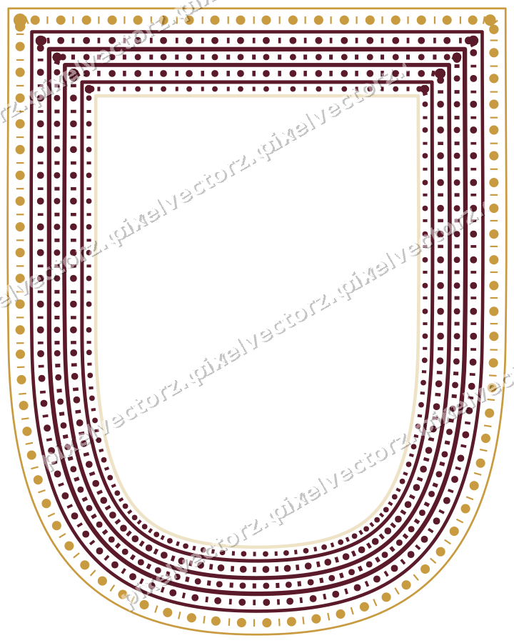 Decorative line art frame in dark pink and amber with shield