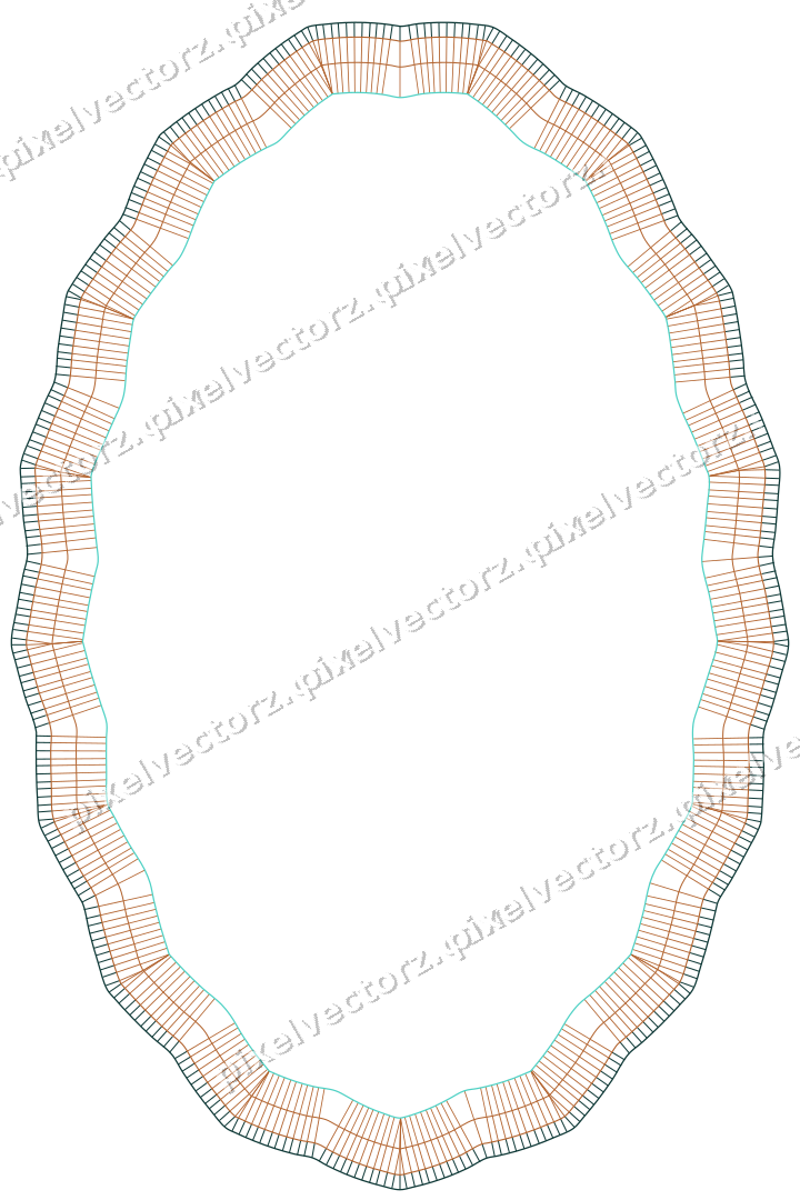 Decorative line art frame in orange and teal with oval and zigzag edge